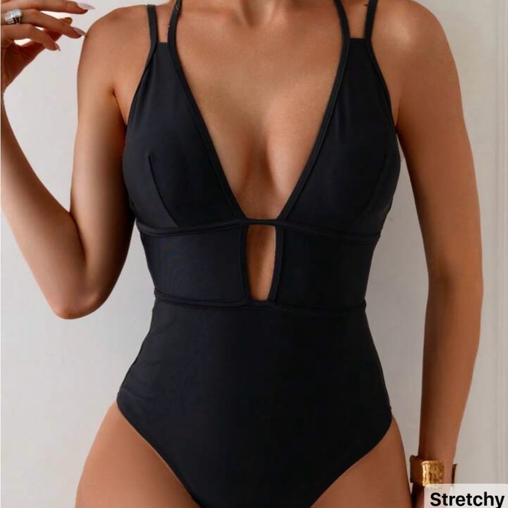 SHEIN Black One-Piece Swimsuit with Plunging V-Neck